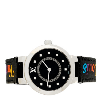 LOUIS VUITTON Stainless Steel Calfskin New Wave Diamond 28mm Tambour Slim Quartz Watch