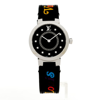 LOUIS VUITTON Stainless Steel Calfskin New Wave Diamond 28mm Tambour Slim Quartz Watch