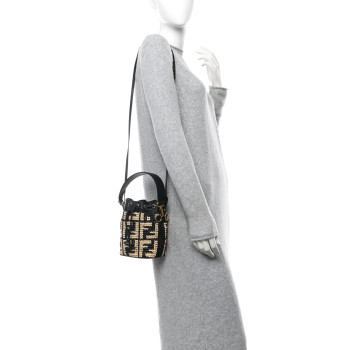 FENDI Raffia Vitello Seta F is Fendi FF Woven Mini Mon Tresor Bucket Bag Black Natural