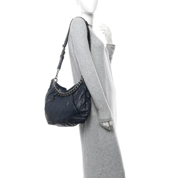 CHANEL Calfskin Coco Pleats Hobo Dark Blue