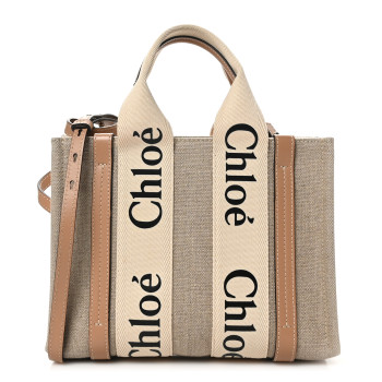 CHLOE Cotton Calfskin Small Woody Ribbon Tote With Strap White Brown