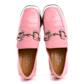 GUCCI Croco Calf Lux Granada Kid Horsebit Platform Loafers 35.5 Butterfly Pink