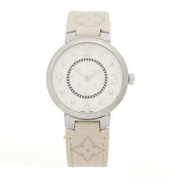 LOUIS VUITTON Stainless Steel Monogram Diamond 33mm Tambour Slim Quartz Watch White
