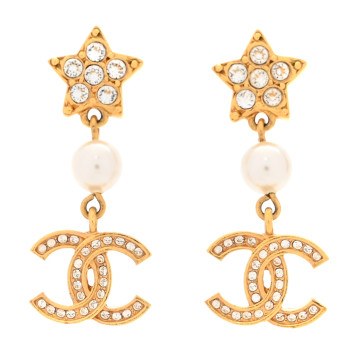 CHANEL Metal Crystal Pearl CC Star Drop Earrings Gold Pearly White