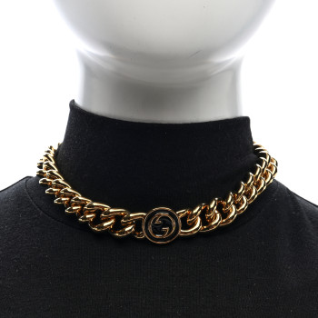 GUCCI Metal Enamel Blondie Chain Chocker Necklace Gold Black