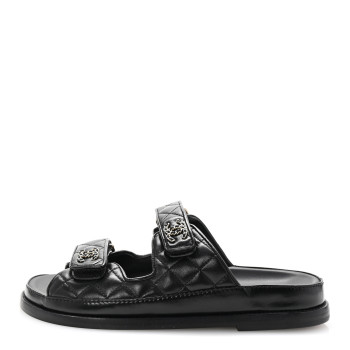 CHANEL Lambskin Quilted Velcro Dad Chain CC Slide Sandals 37.5 Black