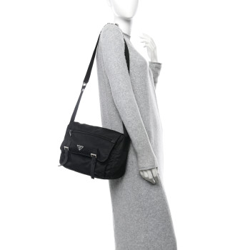 PRADA Tessuto Nylon Saffiano Double Buckle Messenger Shoulder Bag Black