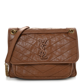SAINT LAURENT Crinkled Calfskin Matelasse Monogram Medium Niki Chain Satchel Light Caramel
