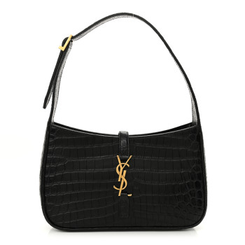 SAINT LAURENT Calfskin Crocodile Embossed Le 5 A 7 Hobo Black