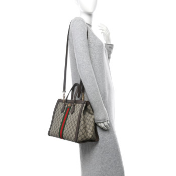 GUCCI GG Supreme Monogram Web Medium Ophidia Tote Bag Brown