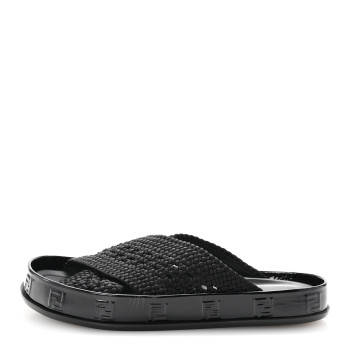 FENDI Raffia Rubber FF Woven Reflections Crisscross Slide Sandals 37 Black