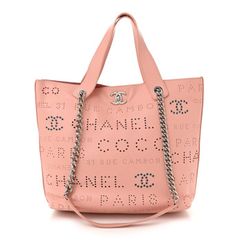 CHANEL Calfskin Tweed Small Logo Eyelets Shopping Tote Pink