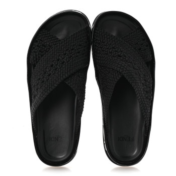 FENDI Raffia Rubber FF Woven Reflections Crisscross Slide Sandals 37 Black