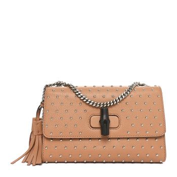 GUCCI Calfskin Studded Medium Miss Bamboo Shoulder Bag Camelia