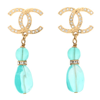CHANEL Crystal Stone CC Drop Earrings Blue Gold