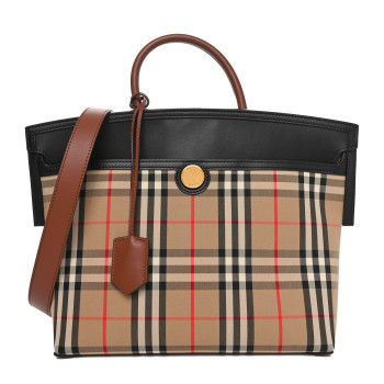 BURBERRY Calfskin Vintage Check Small Society Top Handle Bag Archive Beige Black