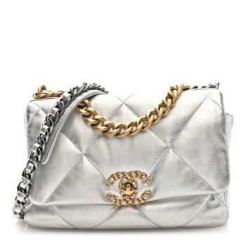 CHANEL Metallic Lambskin Quilted Medium Chanel 19 Flap Silver