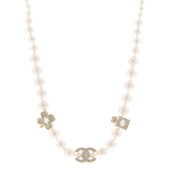 CHANEL Pearl Crystal CC Short Charm Necklace Gold CHANEL Pearl Crystal CC Short Charm Necklace Gold