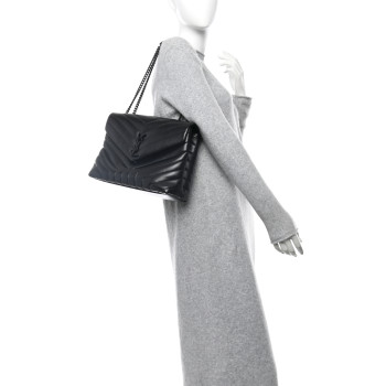 SAINT LAURENT Calfskin Y Quilted Monogram Monochrome Medium Loulou Chain Satchel Black