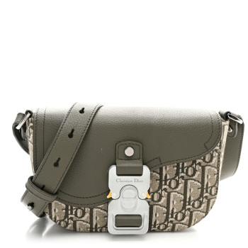 CHRISTIAN DIOR Oblique Jacquard Grained Calfskin Mini Saddle Messenger Bag With Flap Green