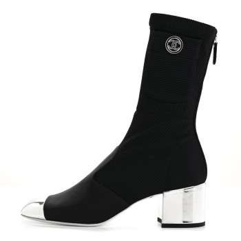CHANEL Grosgrain Knit Cap Toe CC Sock Boots 39 Black Silver