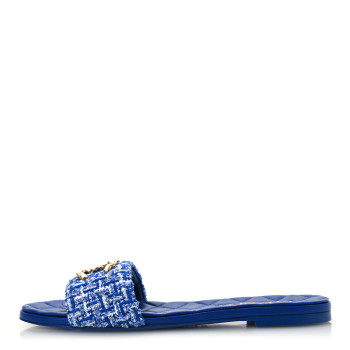 CHANEL Cotton Tweed Chain CC Mule Sandals 38.5 Blue White CHANEL Cotton Tweed Chain CC Mule Sandals 38.5 Blue White