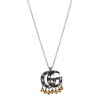GUCCI Metal Crystal Double G Bell Fringe Pendant Necklace Gold Silver