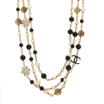 CHANEL Pearl Crystal Bead CC Long Necklace Black Gold