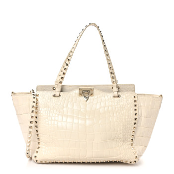 VALENTINO GARAVANI Calfskin Crocodile Embossed Medium Rockstud Tote Ivory
