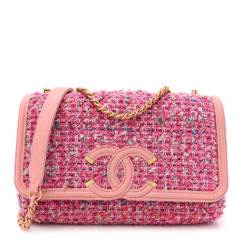 CHANEL Tweed Lambskin Quilted Small CC Filigree Flap Pink