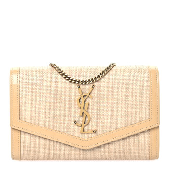 SAINT LAURENT Micro Raffia Monogram Uptown Chain Wallet Natural Hay Blush