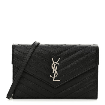 SAINT LAURENT Grain De Poudre Matelasse Chevron Monogram Envelope Chain Wallet Black