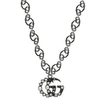 GUCCI Metal Crystal Marmont Necklace Aged Silver