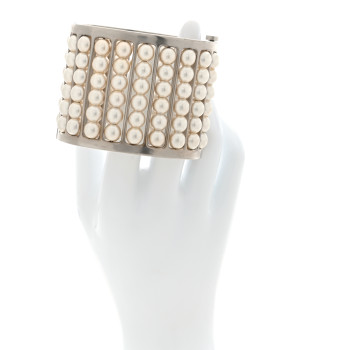 CHANEL Metal Pearl Cuff Bracelet Silver