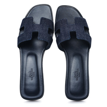 HERMES Denim Canvas Oran Sandals 38.5 Bleu Brut