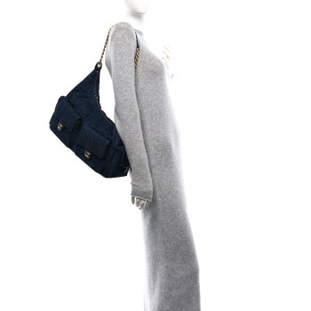 CHANEL Washed Denim Quilted Cargo Maxi Hobo Dark Blue