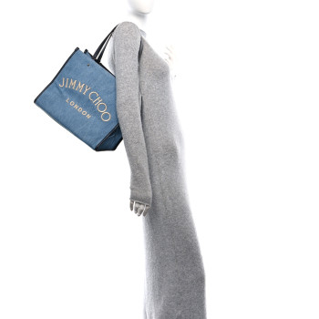 JIMMY CHOO Washed Denim Logo Varenne Tote Bag Blue Ecru Navy