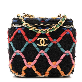 CHANEL Tweed Diamond Threaded CC Pearl Crush Mini Vanity Case With Chain Black Multicolor