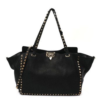 VALENTINO GARAVANI Pebbled Calfskin Medium Rockstud Tote Black