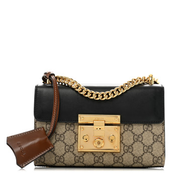 GUCCI GG Supreme Monogram Calfskin Small Padlock Shoulder Bag Beige Black Cuir