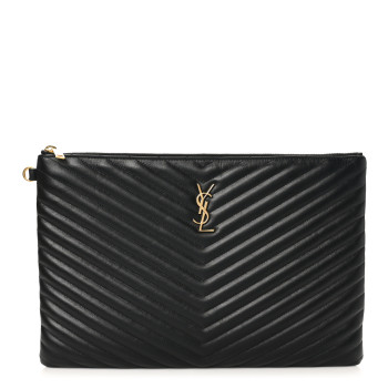 SAINT LAURENT Calfskin Matelasse Chevron Monogram Document Holder Black