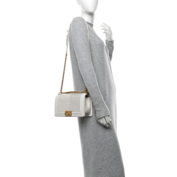 CHANEL Calfskin Chevron Embroidered Medium Boy By The Sea Flap White