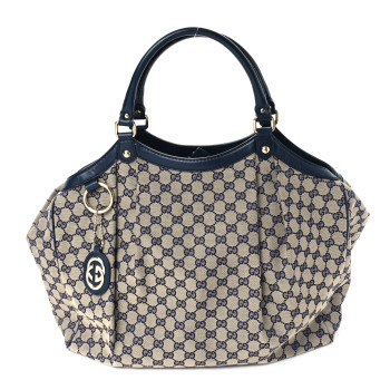 GUCCI Monogram Calfskin Large Sukey Tote Beige Blue