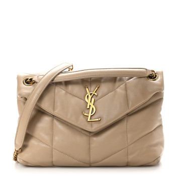 SAINT LAURENT Lambskin Quilted Small Loulou Puffer Monogram Chain Satchel Dark Beige