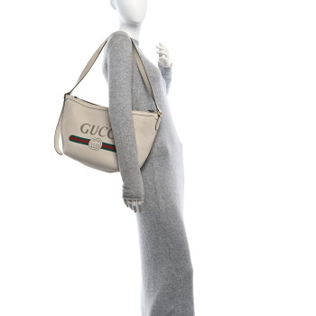 GUCCI Grained Calfskin Logo Half Moon Hobo White