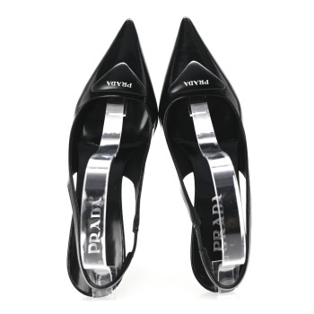PRADA Spazzolato Triangle Logo Pointed Toe 75mm Slingback Pumps 36 Black