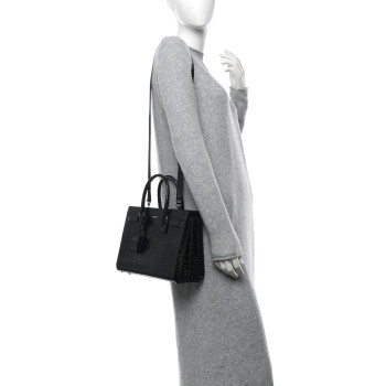SAINT LAURENT Calfskin Crocodile Embossed Baby Sac De Jour Black