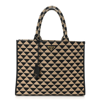 PRADA Jacquard Saffiano Triangolo Symbole Embroidered Large Tote Black Corda