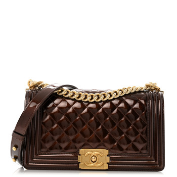 CHANEL Metallic Patent Calfskin Quilted Medium Boy Flap Brown