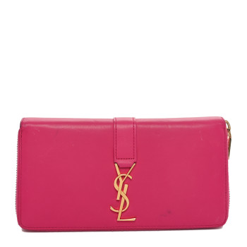 SAINT LAURENT Calfskin Monogram Zip Around Wallet Fuchsia